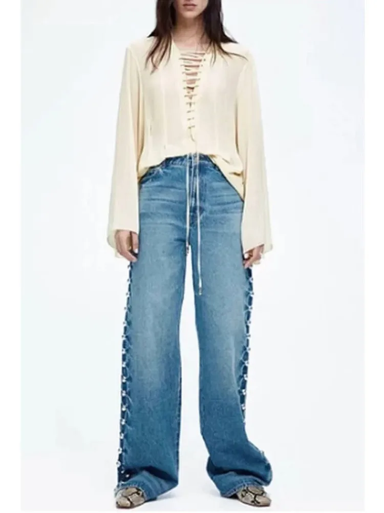 Verão novo feminino n sle versátil meados de cintura perna reta jeans metal rebite decorado casual calças compridas suporte ajuste