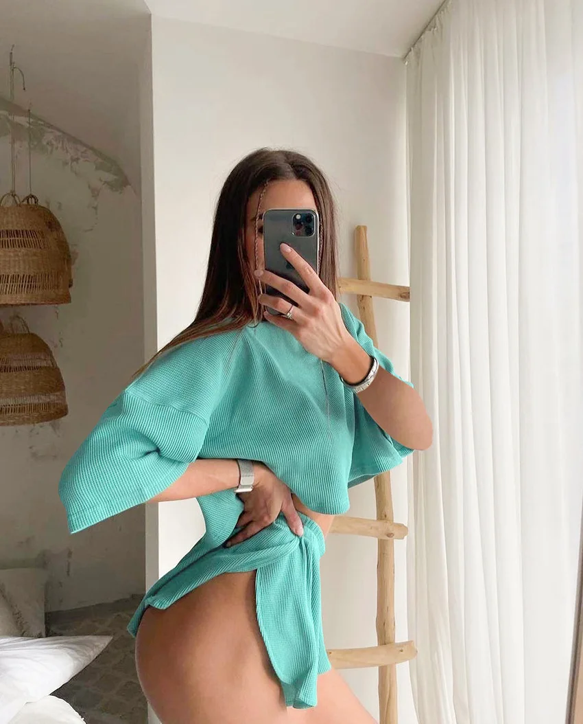 2026 Spring Knit Sleepwear Set for Women Short Sleeve Two Piece Pajamas Breathable & Cozy Homewear Summer Shorts Set Home Suit 6