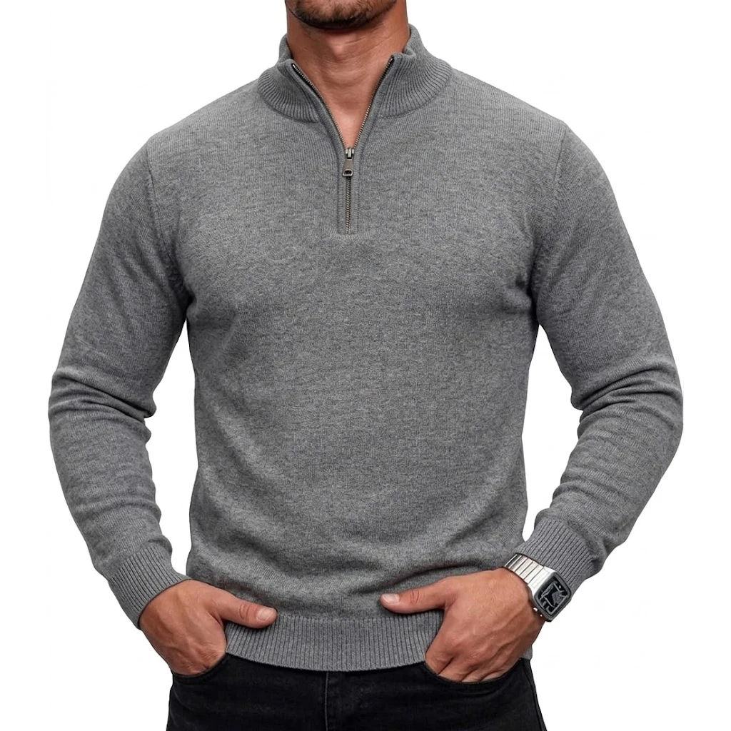Neuer Herren-Pullover mit Reißverschluss, Slim Fit, Stehkragen, Lässiger Langarm-Strickpullover, Warmes Oberteil für den Winter, Strickbekleidung – Detail 8