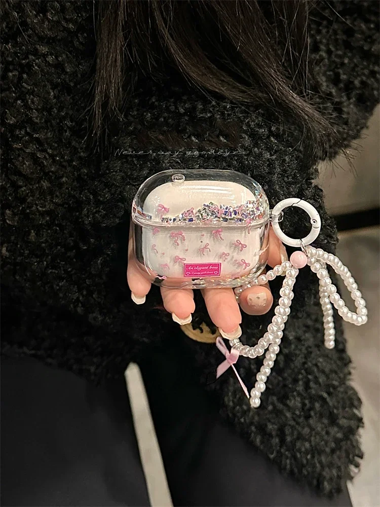 Flowing Rhinestone Ribbon Pearl Charm Case for Airpods1/2/3/pro Wireless Headphone Case Drop Protection with Bracelet Jewelry