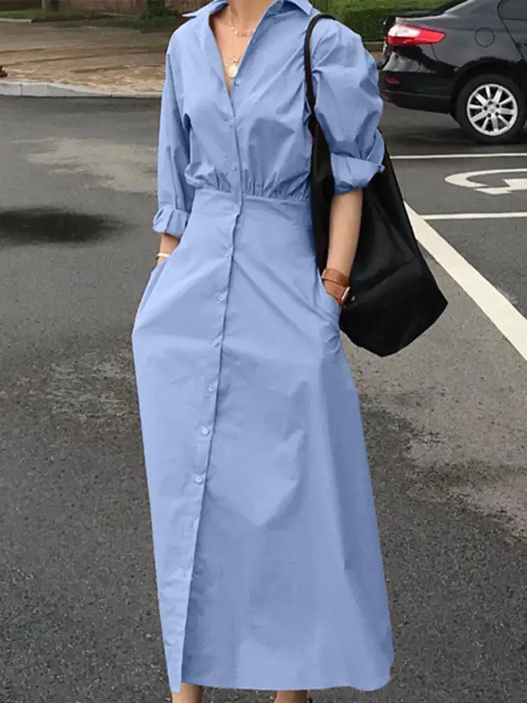 ZANZEA Casual Solid A-line Robe Oversized Women Shirt Dress 2023 Summer Long Sleeve Lapel Collar Maxi Dresses Bohemian Vestidos