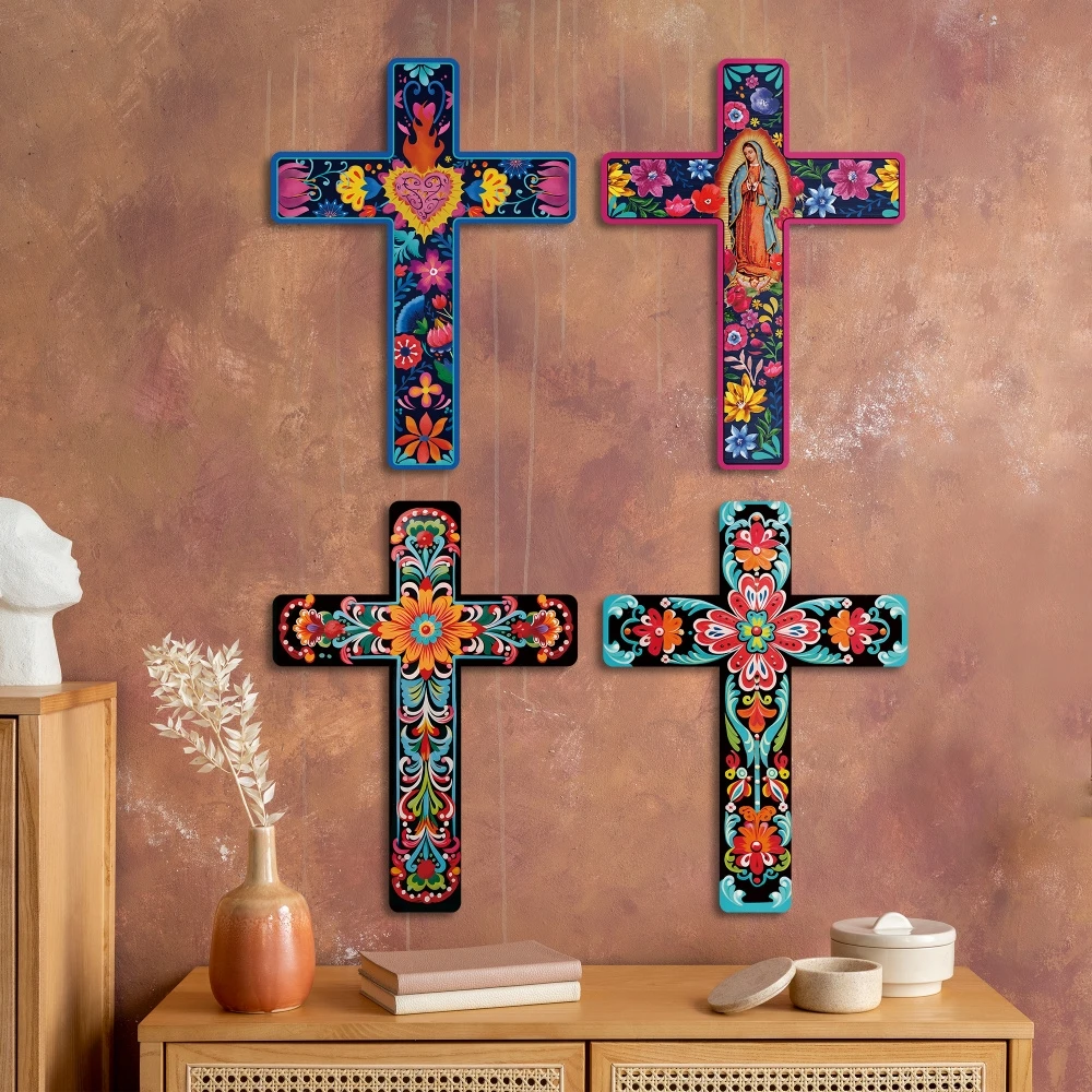 Cruz mexicana plana 2D de 16 pulgadas, arte de pared de madera con diseño Floral colorido, confesor cruzado de madera, decoración para casa, iglesia y granja