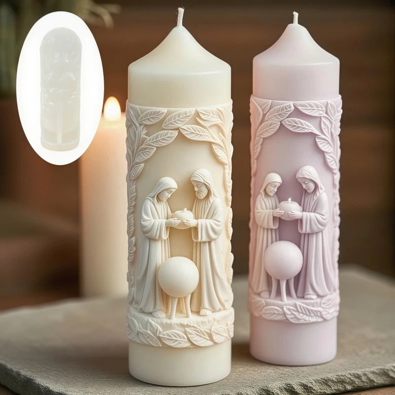 Molde de silicone para velas cilíndricas com relevo de Jesus e Maria, molde de resina, molde de gesso com relevo de deusa Jesus Maria segurando romã.