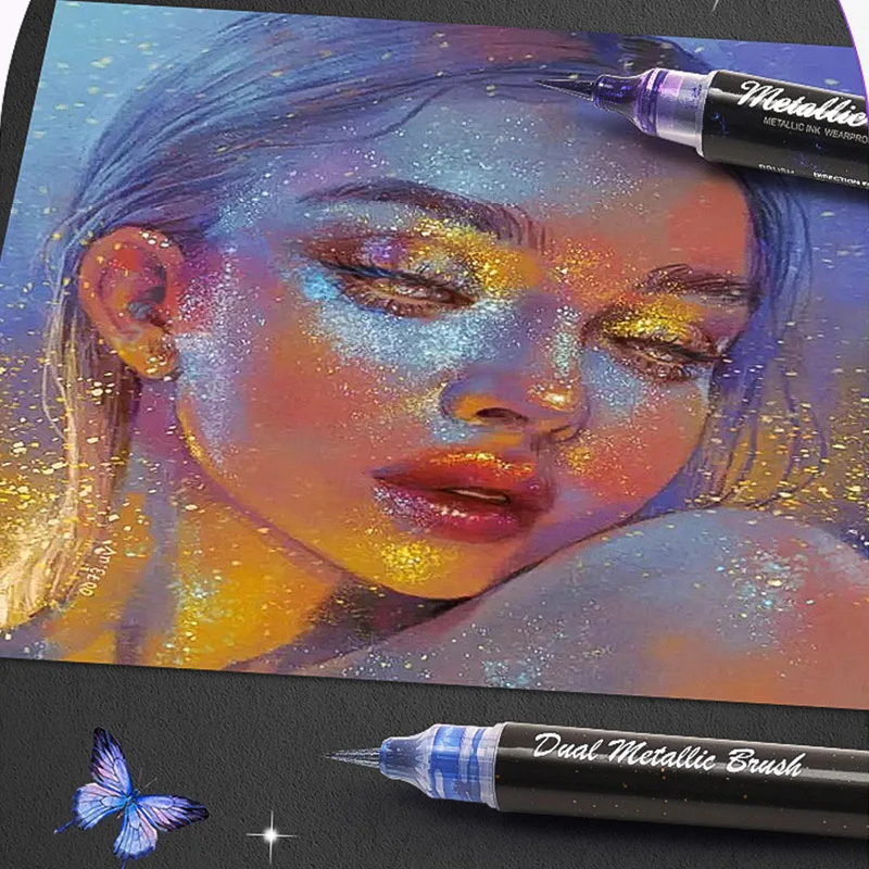 9Colors Metallic Markers Pens Dual Bling Shiny Brush Pen Press Type for Paper Glass Rock Painting DIY Scrapbook Album stationery image 3