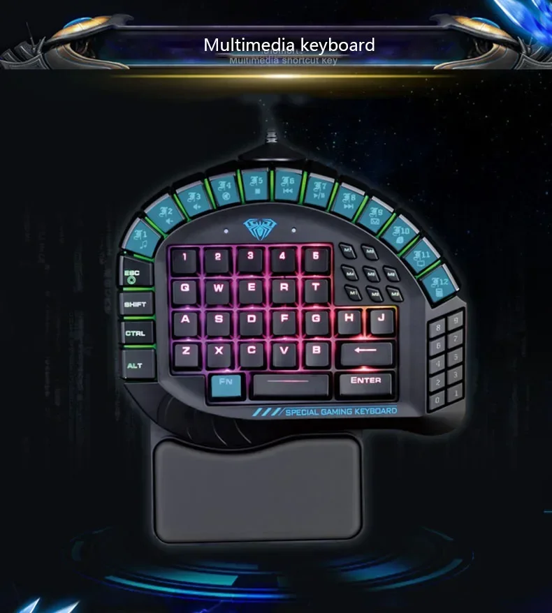 Keyboard Mekanikal makro tombol biru RGB, papan ketik Gaming Mini dengan kabel satu tangan