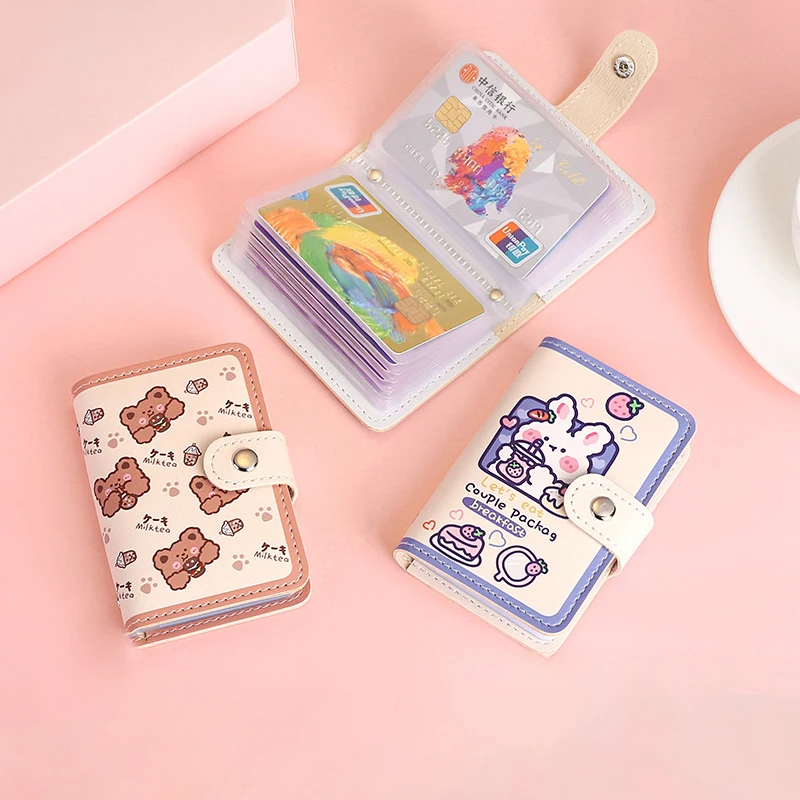 Urso Kawaii PU Titular do cartão de couro, Bonito Multi Grids, ID do negócio, Caixa de cartão de crédito, Porta-cartões Photocards, Carteira Portátil Pequena