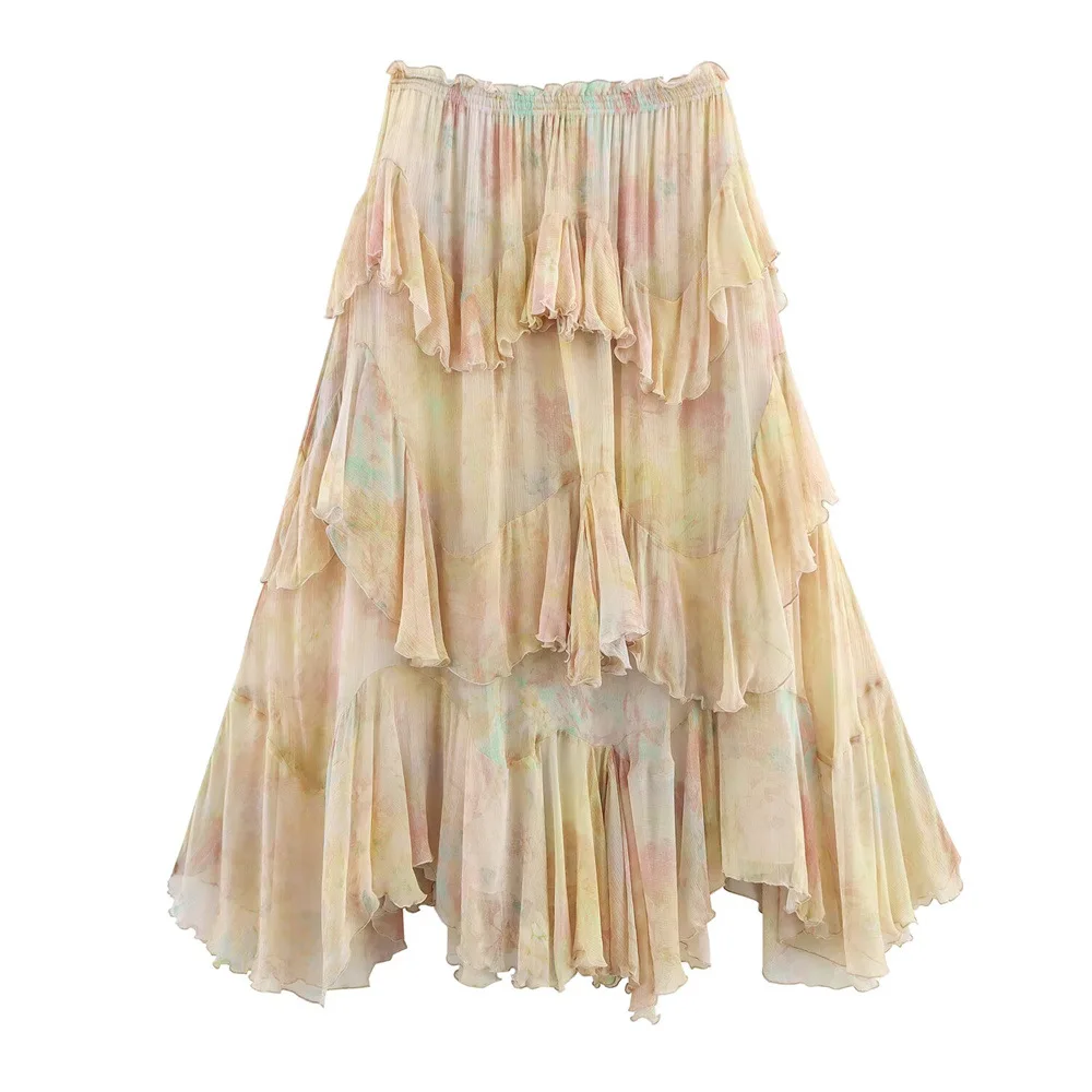 European and American style spring and summer new women's design ruffle printed layered decorative long skirt