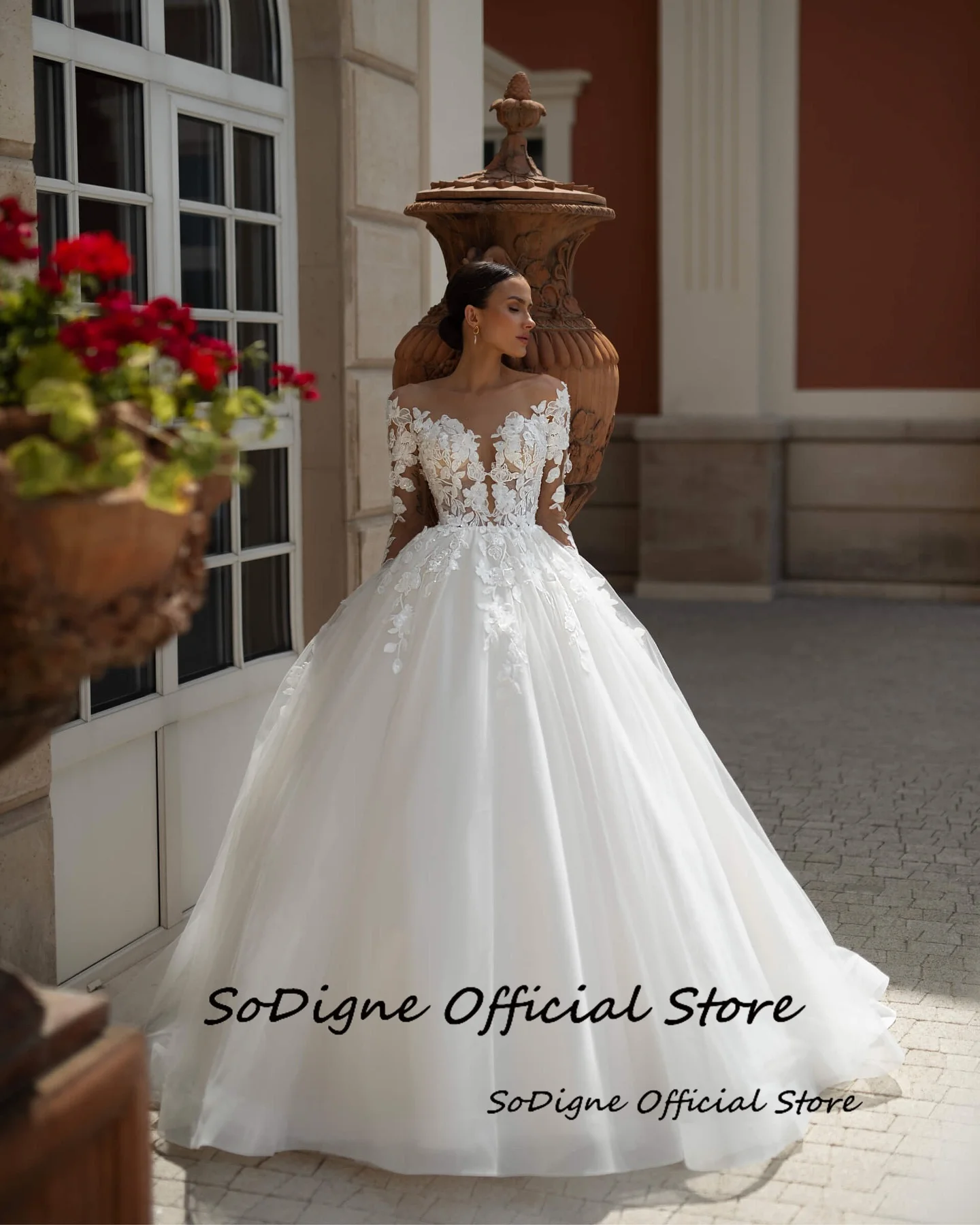 SoDigne A-line Lace Appliques Wedding Dresses Off Shoulder Tulle Bridal Dress Long Wedding Gown Robe De Mairee ﻿Customized ﻿ image 2
