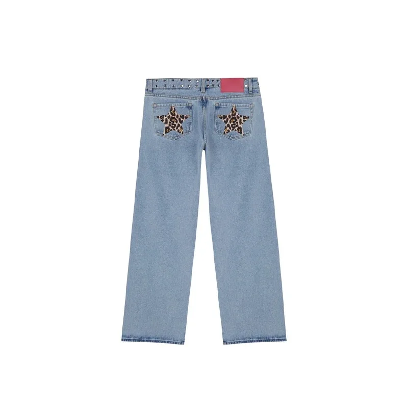 

Y2k high street leopard print pentagram deconstruction jeans women rivet straight pants versatile floor pants