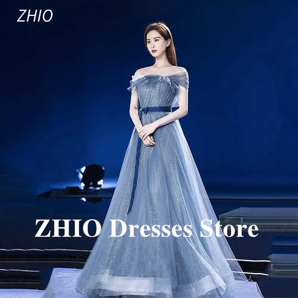 

ZHIO Shining Sea Blue Off the Shoulder Ribbon Korea Prom Dresses Customised A-line Evening Gown Wedding Photoshoot Floor Length