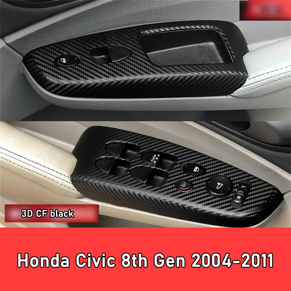 Car Styling Black Carbon Decal Car Window Lift Button Switch Panel Cover Trim Sticker 4 Pcs/Set Honda Civic 8th Gen 2004-2011