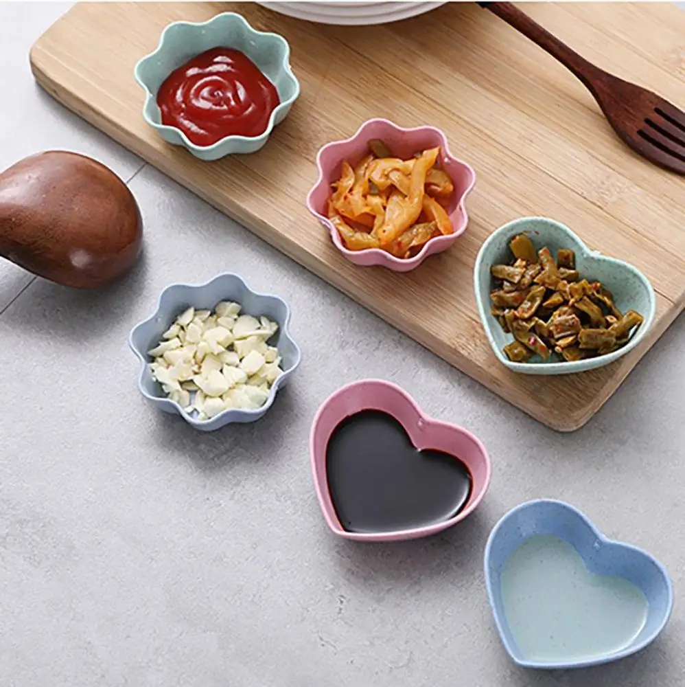 Heart,Flower Shape Appetizer Plates Smooth Edge Wheat Straw+PP Material Kitchen Supplies Mini Bowls Tableware Seasoning Dish