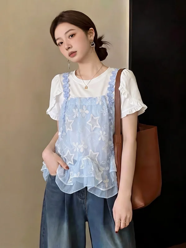 

Light Blue Short Sleeve Shirt Women's Style Korean Version Commute Flower Bigger Size Summer New Arrival Casual Shirt