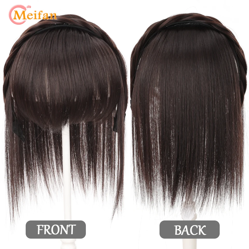 MEIFAN Synthetic Topper Hairpiece With Braids Headband Bangs Fringe Bands Heat Resistant Bangs Clip in Hair Extensions Hairpiece