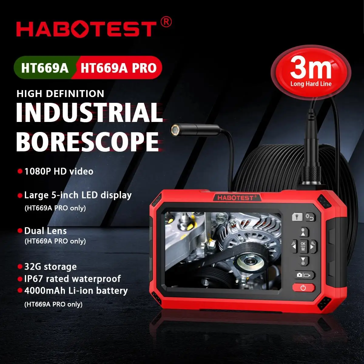 HABOTEST HT669A PRO 5-Inch Dual-Lens Endoscope 8MM Automotive Mechanical Sewer Pipe Inspection Camera Video Industrial Endoscope