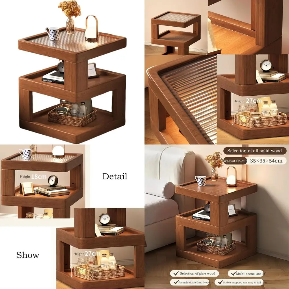 منضدة خشبية حديثة مع رف زجاجي - طاولة جانبية صغيرة لغرفة النوم (21.3 بوصة × 17.7 بوصة × 17.7 بوصة) #1