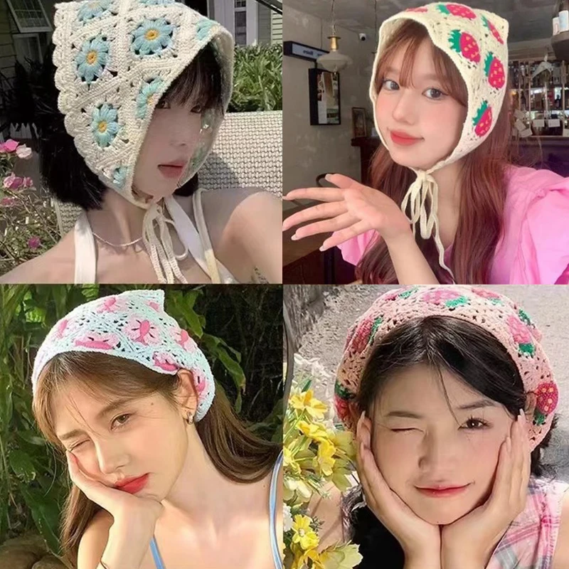 

Vintage Knitted Triangle Scarf Headbands Women Hollow Flower Korean Hair Band Turban Bandana Headwarp Fashion Hair Accessories