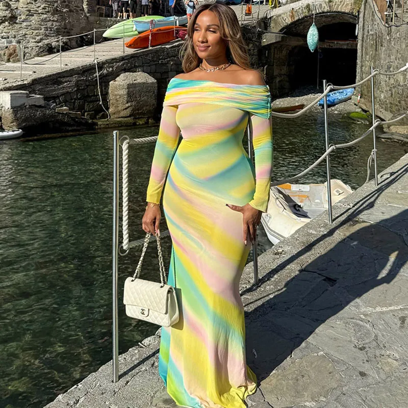 섹시한 멀티 프린트 주름 바디콘 맥시 드레스 여성 오프숄더 긴팔 슬림 스트레치 나이트클럽 파티 롱 드레스
