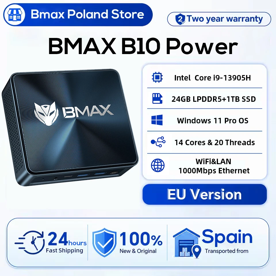 Max B10 Power Mini PC, Intel Core i9-13905H, 14 cores, 20 threads, 24 GB RAM, 1 TB SSD, wifi, Bluetooth, USB, HDMI, Type-C, Windows 11 Pro.