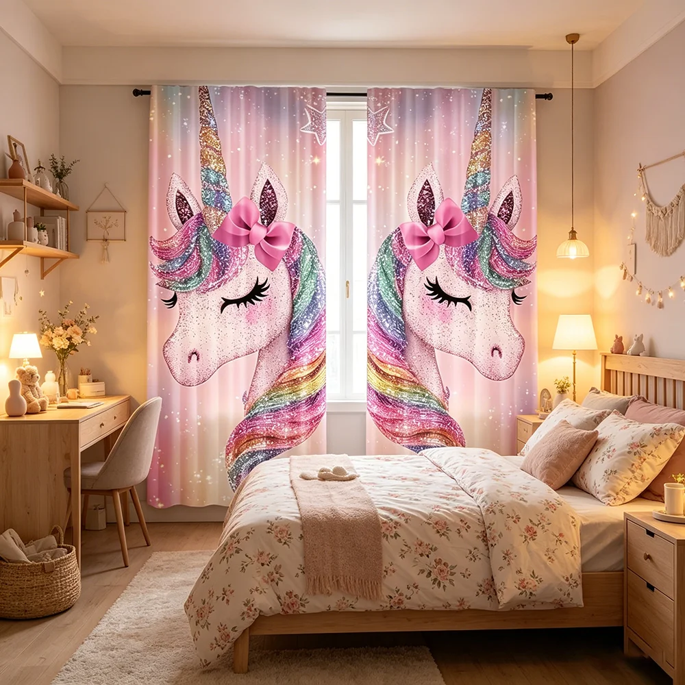 2PCS Digital Printed Curtains, Magic Hair Unicorn Fantasy Rainbow Kids, Window Curtains for Living Room Bedroom Home Decoration