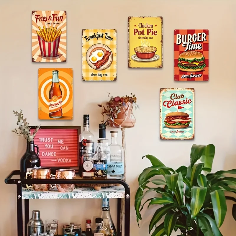 2D Flat, [JIT]Decorative Sign& Plaque 2D Flat, 6pcs 8.0x12.0inch Vintage Wall Decor, Retro Burger& Food-Themed Metal Signs with