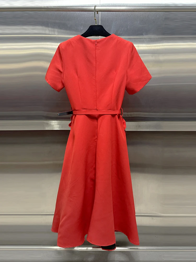 VGH Solid Patchwork Appliques Elegant Dresses For Women V Neck Short Sleeve High Waist Spliced Belt Long Dress Female Fashion