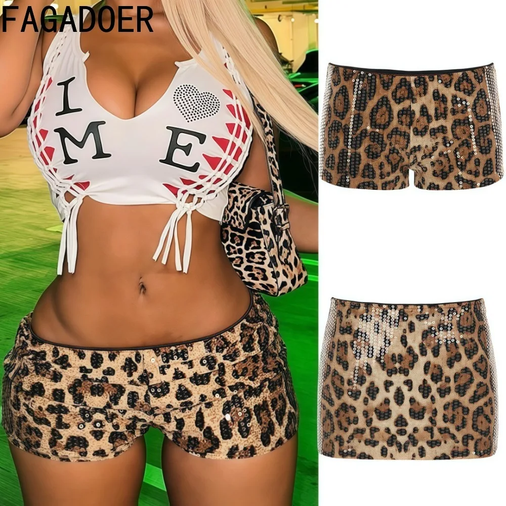 FAGADOER Sexy Leopard Sequins Shorts Women Fashion Sparkling Low Rise Skinny Shorts Female Streetwear Bottoms 2025 Spring New