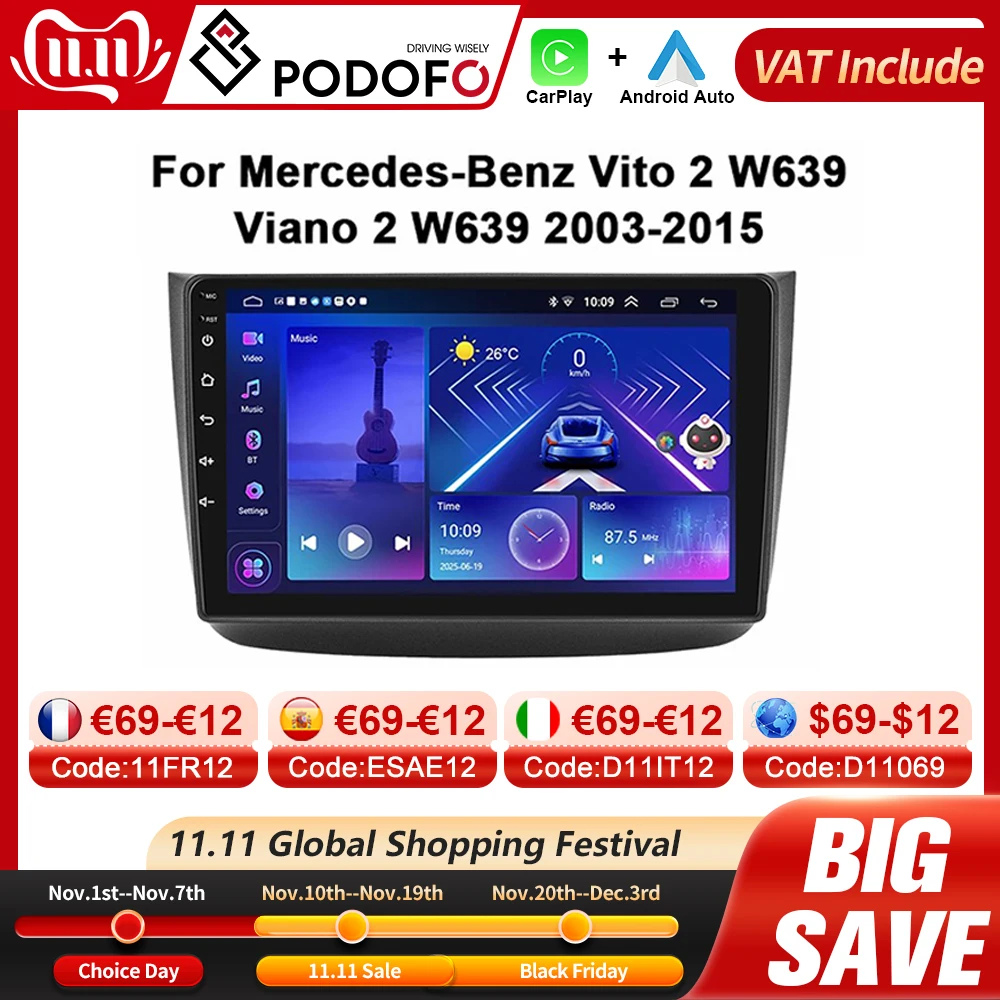 Podofo 4G CarPlay راديو أندرويد لبنز فيتو 2 فيانو 2 W639 2003-2015 سيارة مشغل وسائط متعددة 2din نظام تحديد المواقع ستيريو رئيس وحدة AutoRadio