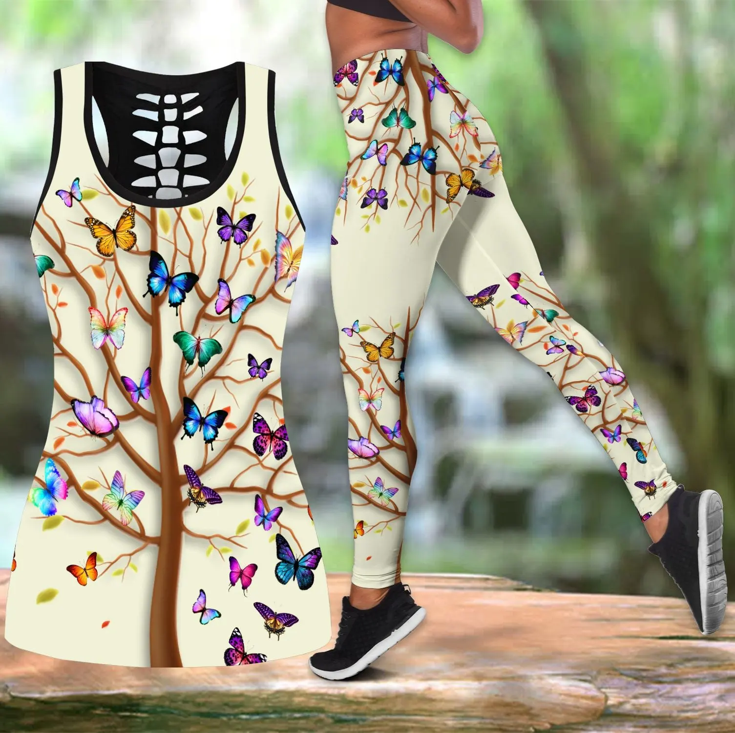 Personalized Name Butterfly 3D Printed Hollow Tank Top And Leggings Set for Women Full Length Fitness Yoga Running Pants KBX03