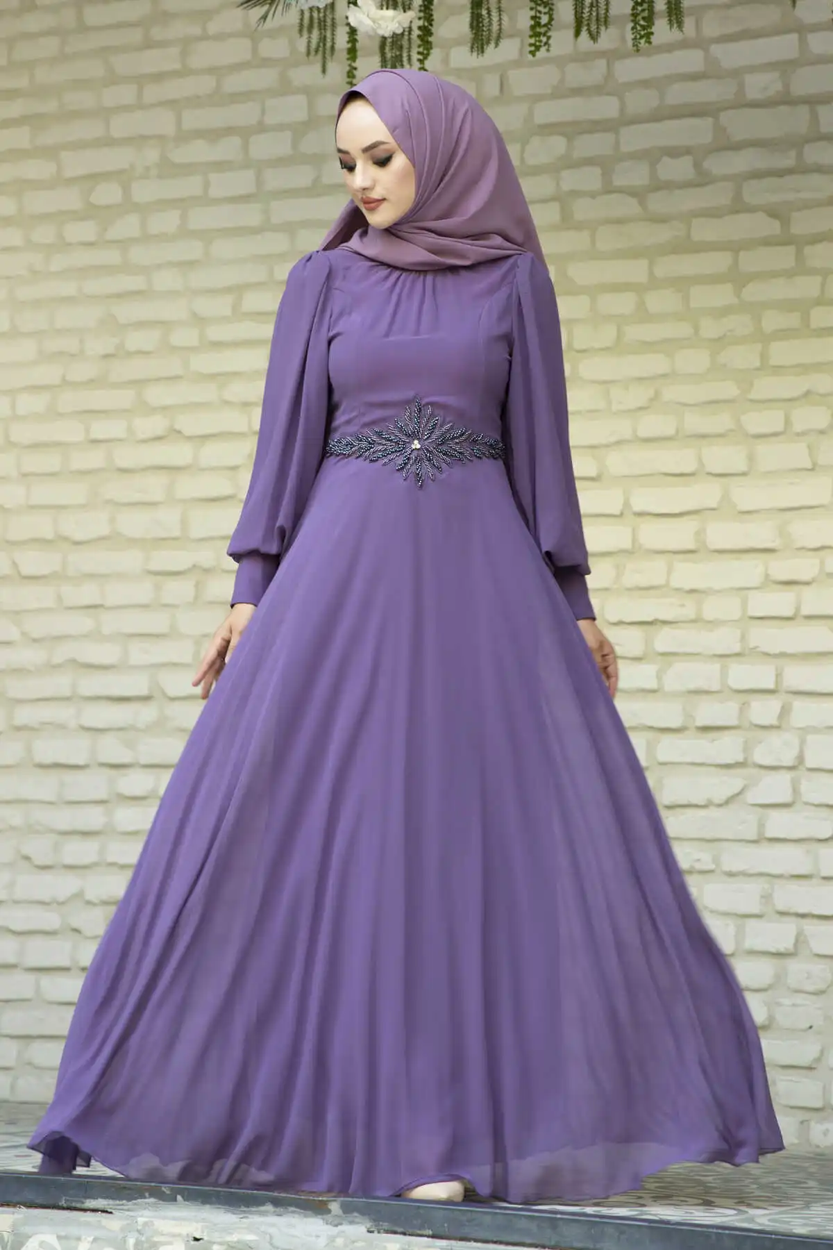 Beli Beads Embroidered Evening Dress Purple Winter Autumn 2021 Muslim Women Hijab headscarf Islamic Turkey