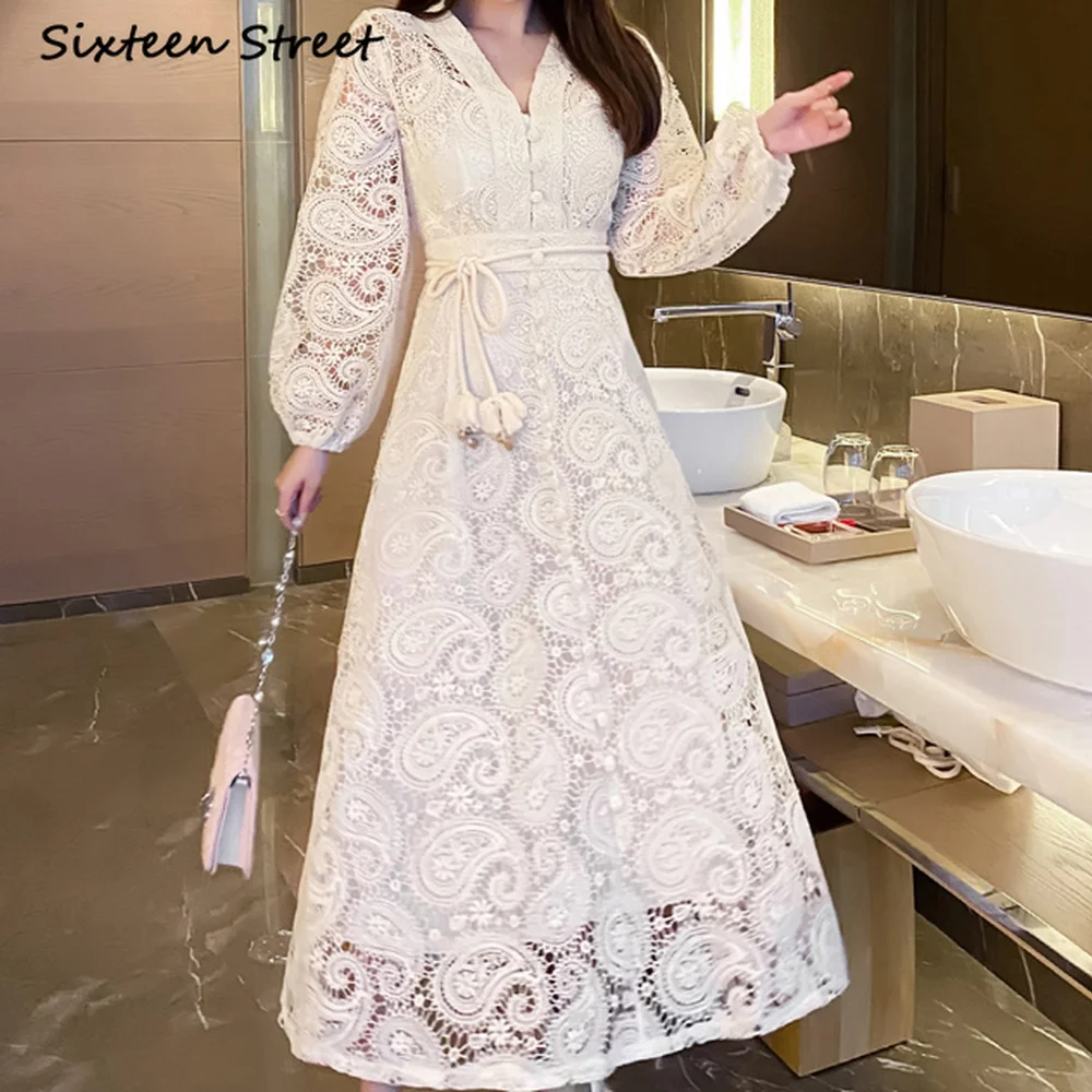 Hollow Out High Quality Embroidery Lace Long Sleeve Maxi Dresses for Women Elegant Ladies Vintage V-neck Vestido De Mujer 2021