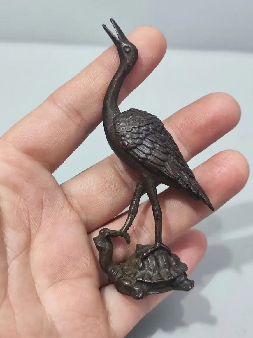 Chinese Old Antique Bronze Red-Crowned Crane Turtle Statue Netsuke