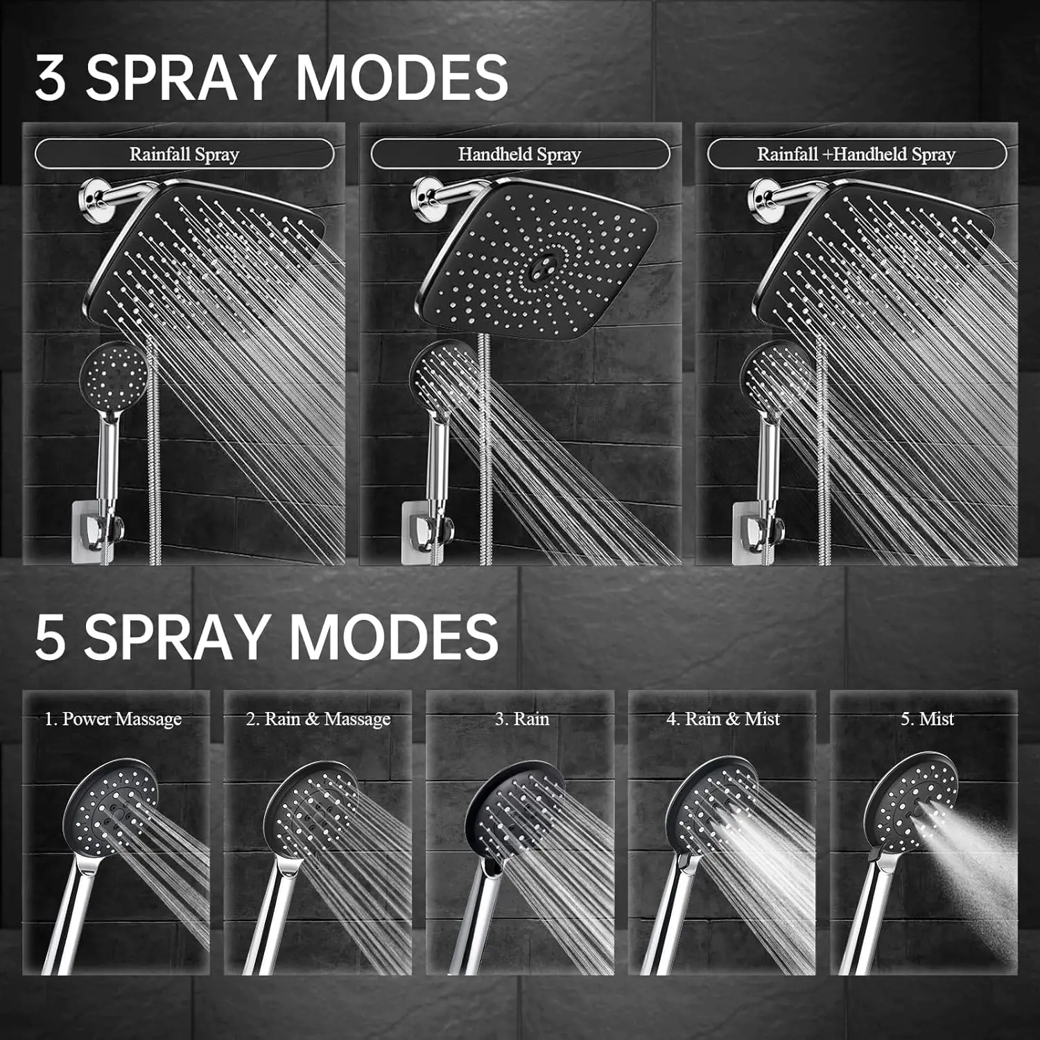 11.8 Inch High Pressure Dual Shower Head with Handheld, 5 Modes Rainfall Spray Combo for Full Body Coverage
