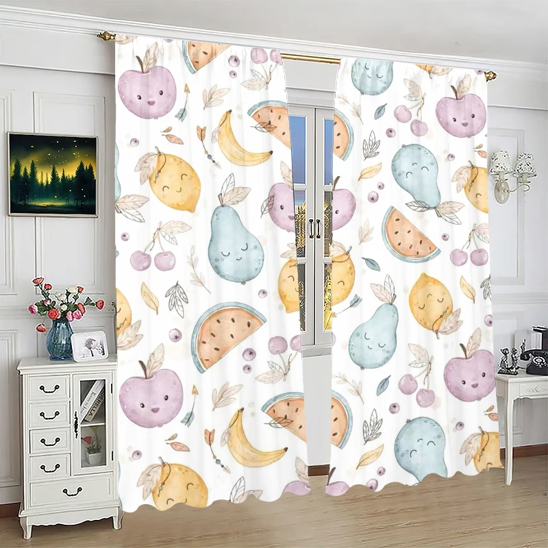 2PCS- Cartoon fruit print curtain -100% polyester material, suitable for bedroom curtains and living room decoration