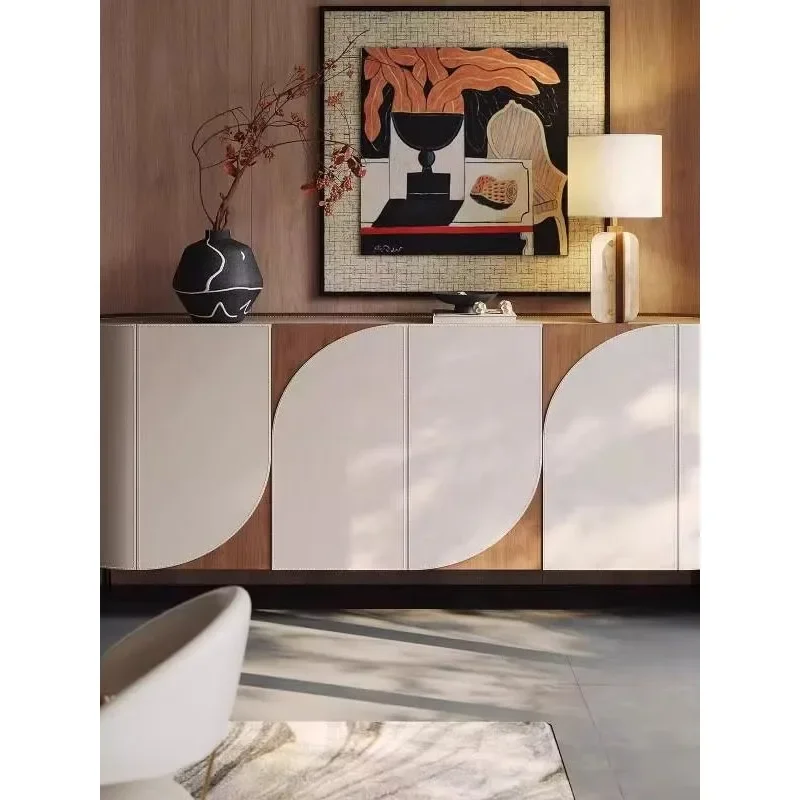 Italian Minimalist Rock Slab Dining Side Cabinet Household Saddle Leather Solid Wood Storage Tea CabinetD21