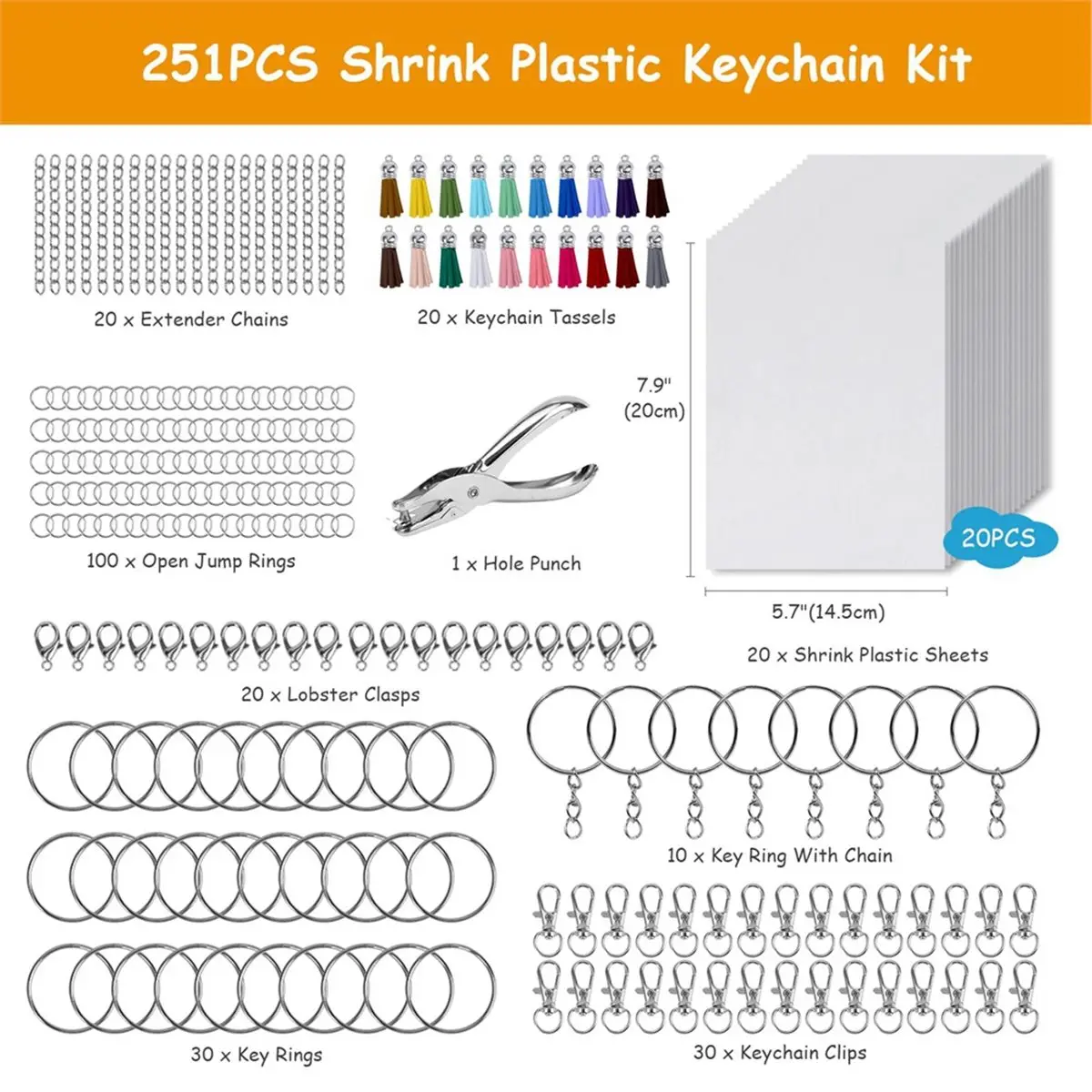 Time Saving 251 PCS Shrink Dink Keychain Kit Includes 20 Sheets Shrink Plastic Sheets, Hole Punch, Tassels, Lobster Clasps