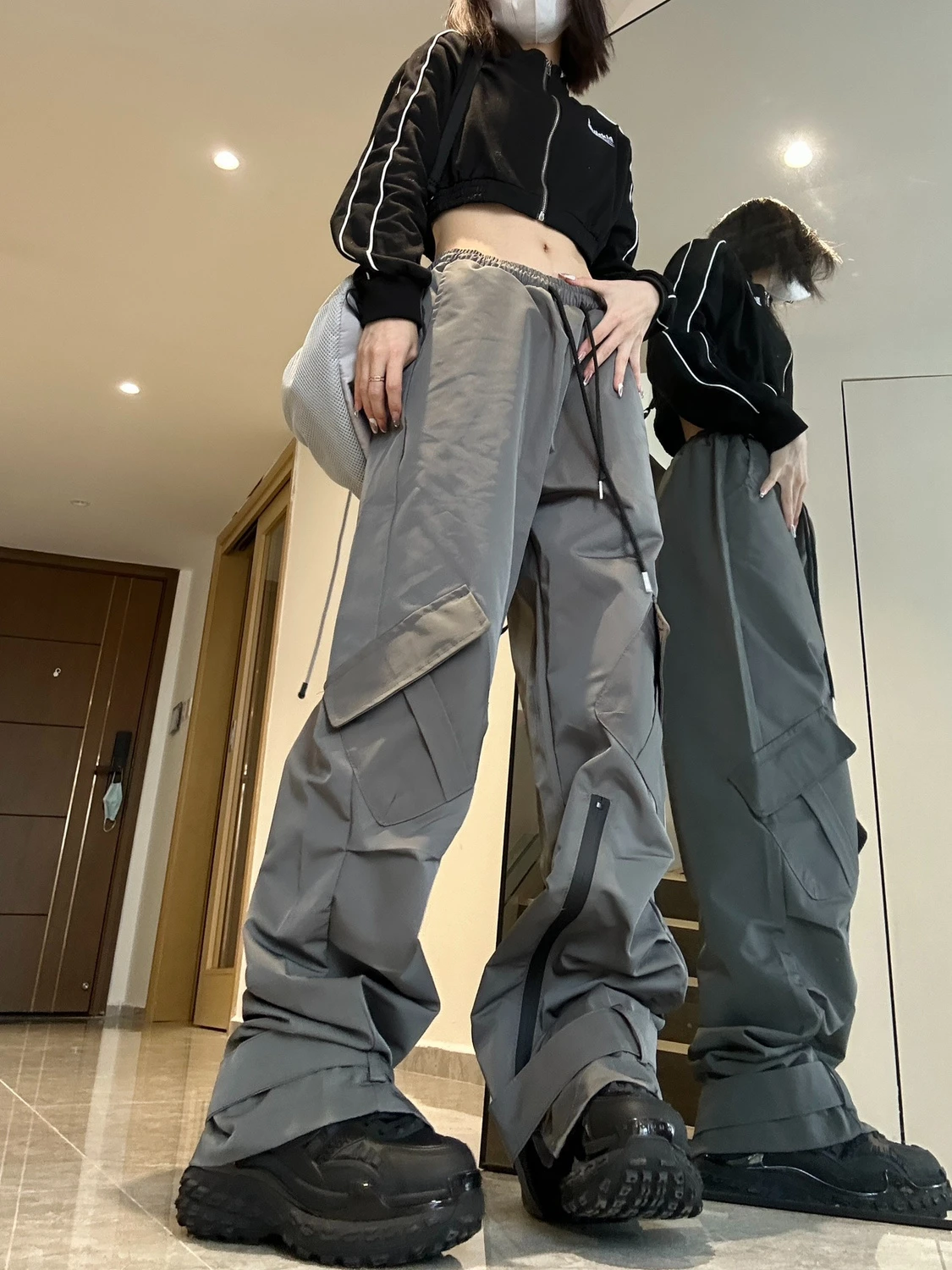 

QWEEK Baggy Techwear Cargo Pants Women Y2k Streetwear Hip Hop Pantalones Mujer Summer Grey Black Casual Wide Leg Trousers New