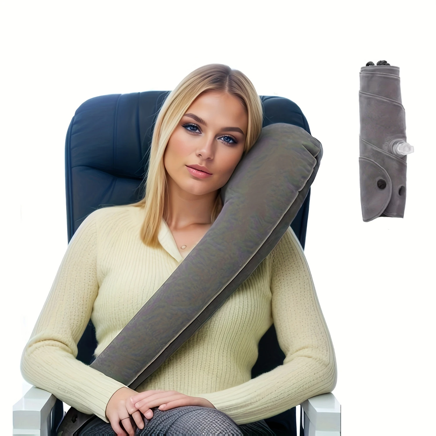 Oreiller cervical de voyage ergonomique, facile à gonfler, compact et portable, idéal pour la voiture, l'avion, le bureau