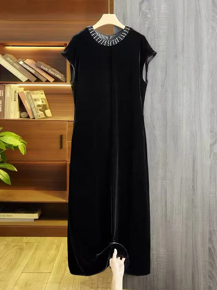 High-End-Sommer-Neues O-Ausschnitt-Perlen-Design mit Seide + Samtstoff, kurzärmelig, modisches, elegantes schwarzes Damenkleid S-XXL