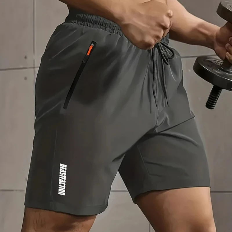 Outdoor Men's Fitness Running Shorts Men Ice Silk Breathable Quick Dry Zipper Pockets Drawstring Loose Fit Shorts for Gym Hiking