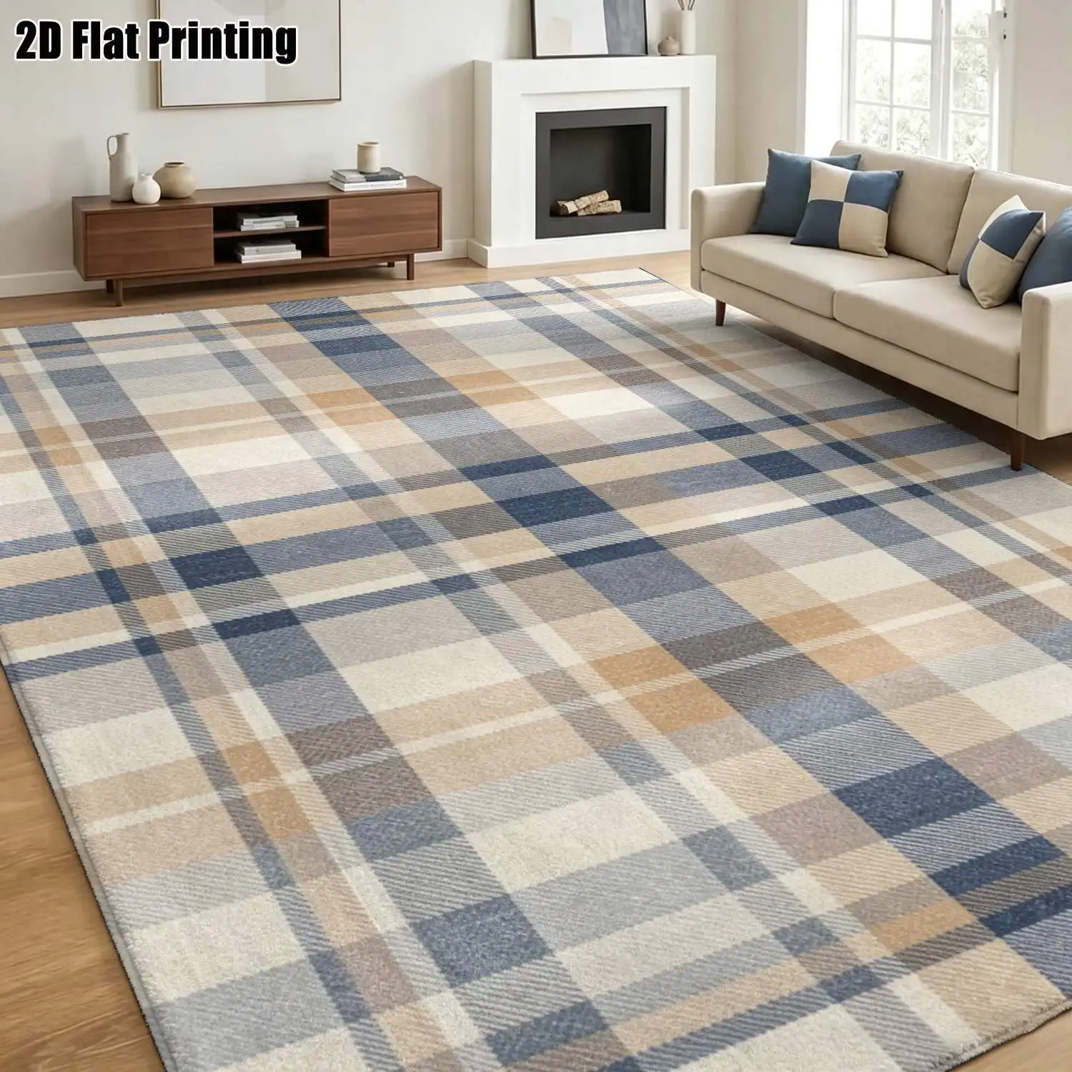 1Pc 2D Printed Checkered Nordic Carpet, Blue & Brown, Modern Simple Home Decor, Multi-Size Machine Washable, for Entrance, Dining, Foyer, Study, Living Room, Bedroom