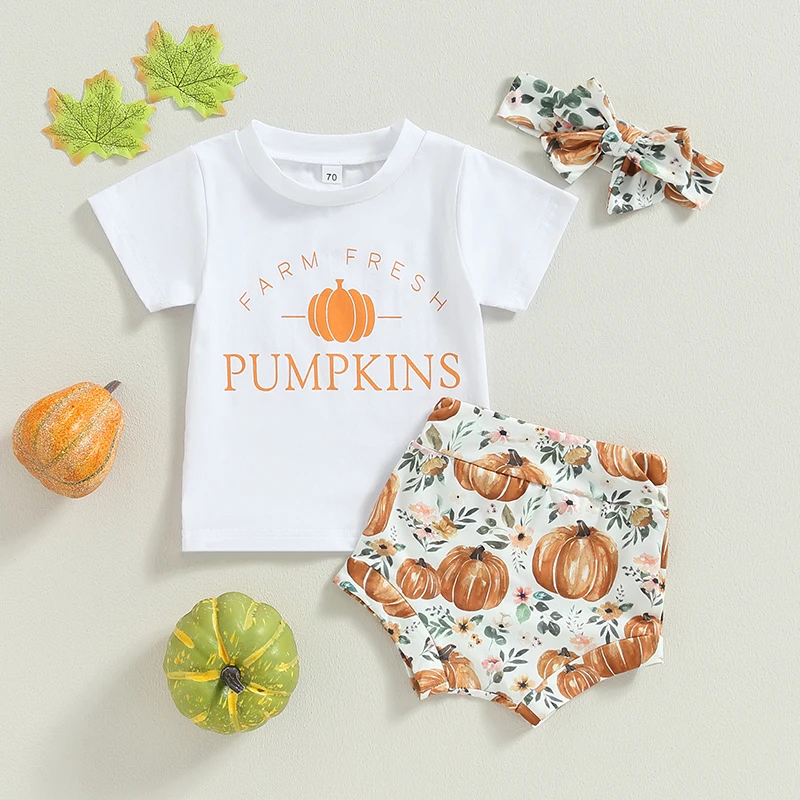 

Adorable Baby Girls 3-Piece Thanksgiving Set with Short Sleeve Letter Print Top Pumpkin Shorts and Matching Headband - Cute