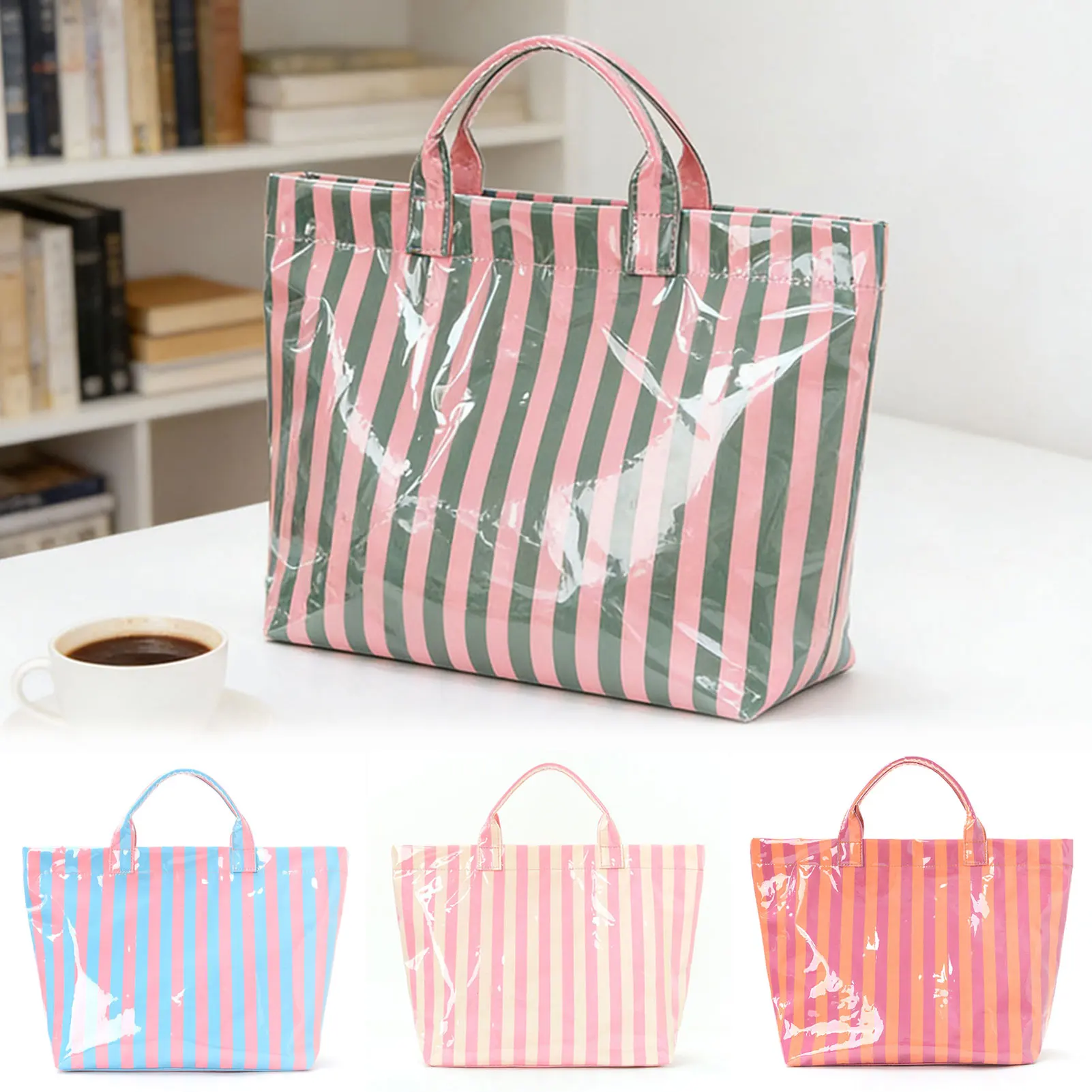 

Stylish Large Striped Tote Bag For Women Lightweight PVC Shoulder Handbag For Commute Travel Work Beach Vacation Hand Bag