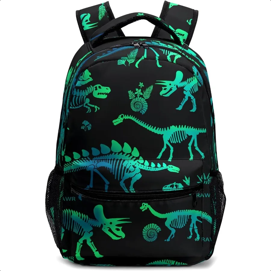 Mochila de dinosaurio verde para niños y niñas, mochila preescolar con esqueletos de dinosaurios, mochilas para libros de escuela primaria, ligeras