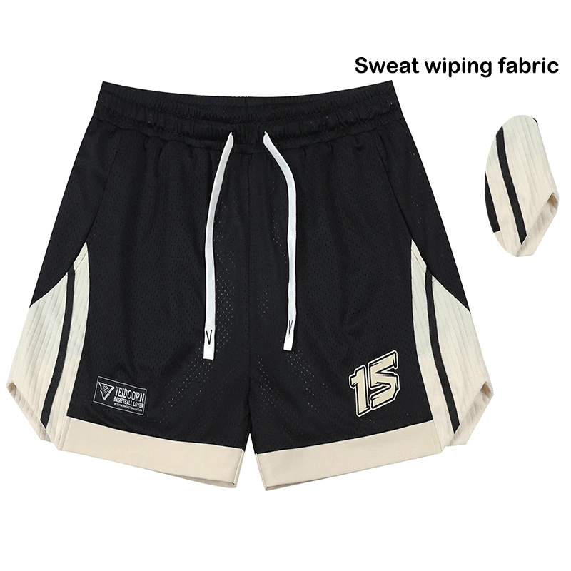 Street Style Mesh Basketball Shorts for Men Side Pockets Sweat Wiping Fabric Breathable Gym Shorts for Training Running