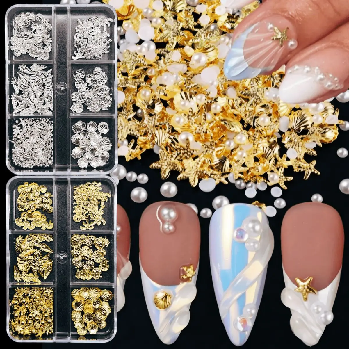 6 Grids  New Rivet Shell Conch Starfish 6 Grids Mixed Ocean Style Nail Charms DIY Manicure Decor Accessories