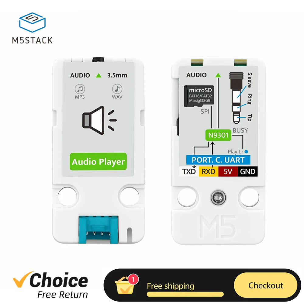 

M5Stack MP3-плеер Аудиоплеер Интерфейс связи UART N9301 Поддержка чипа MicroSD MP3 WAV 3,5 мм Стереоразъем для STEAM