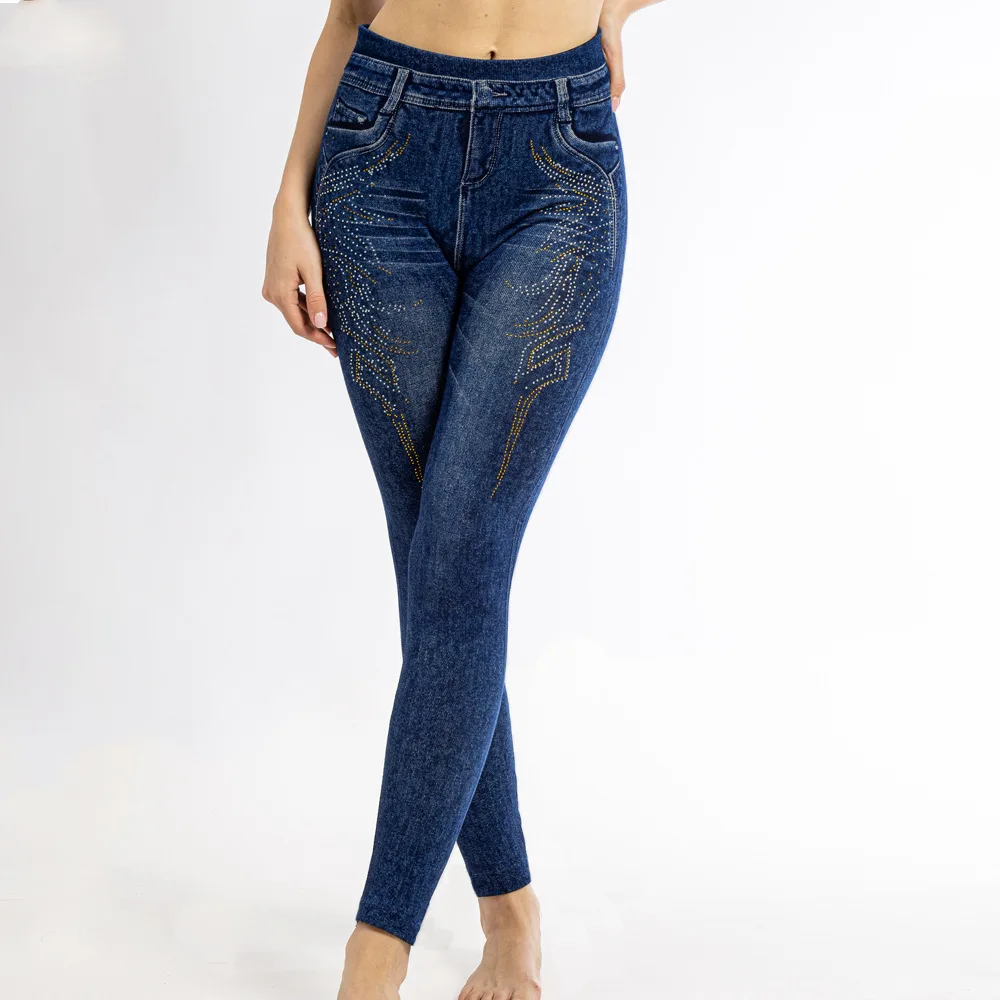 กางเกงเลกกิ้งทรงดินสอประดับเพชรหรูหรา สไตล์เกาหลี สำหรับผู้หญิง ฤดูใบไม้ผลิ รุ่นใหม่ เหมาะสำหรับใส่ทำงาน ผ้าเลียนแบบยีนส์ เอวสูง ยืดหยุ่น
