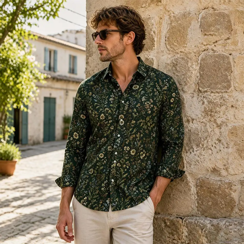 Men Cotton Floral Print Long Sleeve Shirt Vintage Wildflower Pattern Lapel Button Down Shirts Casual Holiday Streetwear Men Top
