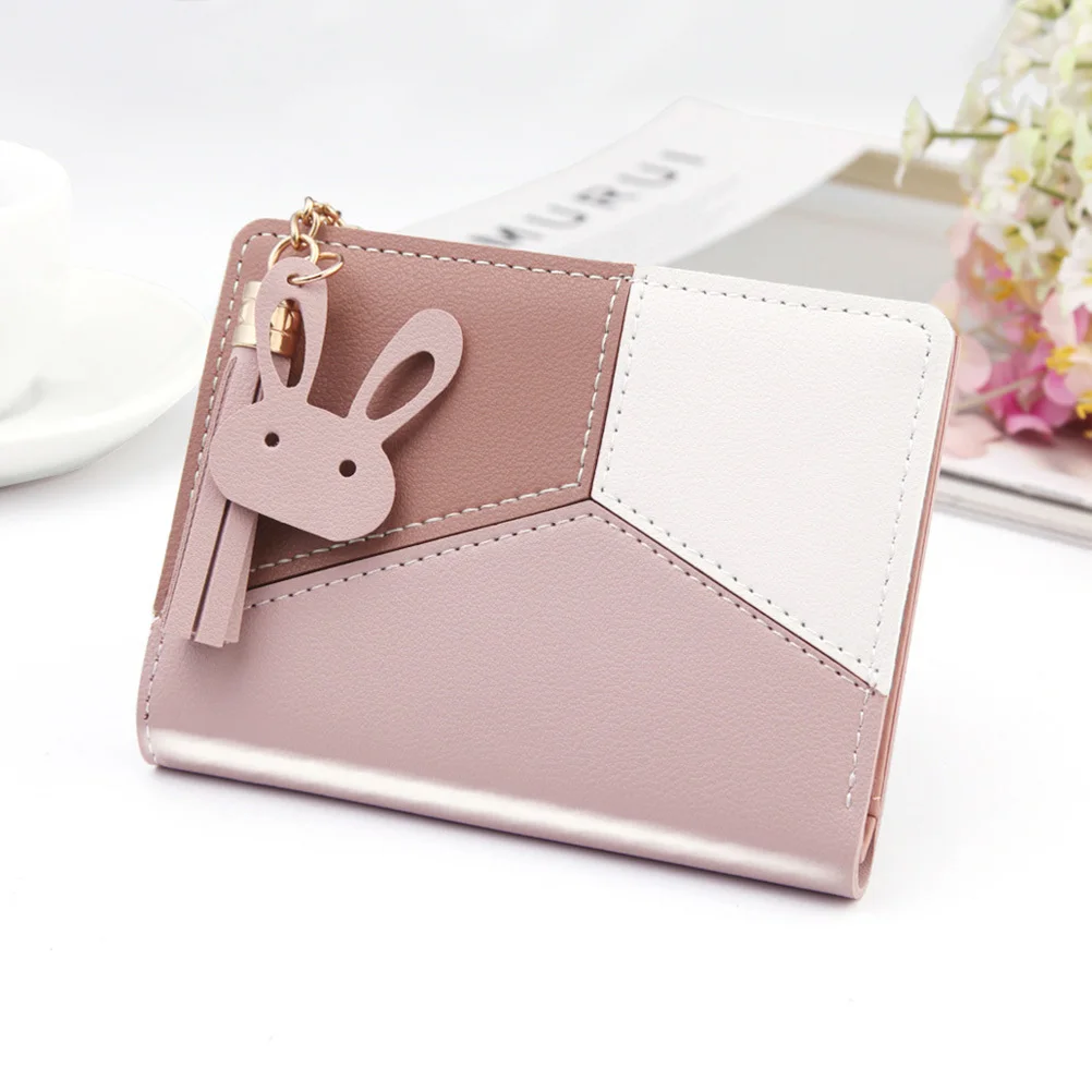

Pink Portable PU Short Wallet Multifunctional Mini Purse Tassel Zippered Holder Fashion Small Coin Purse Travel Business Card
